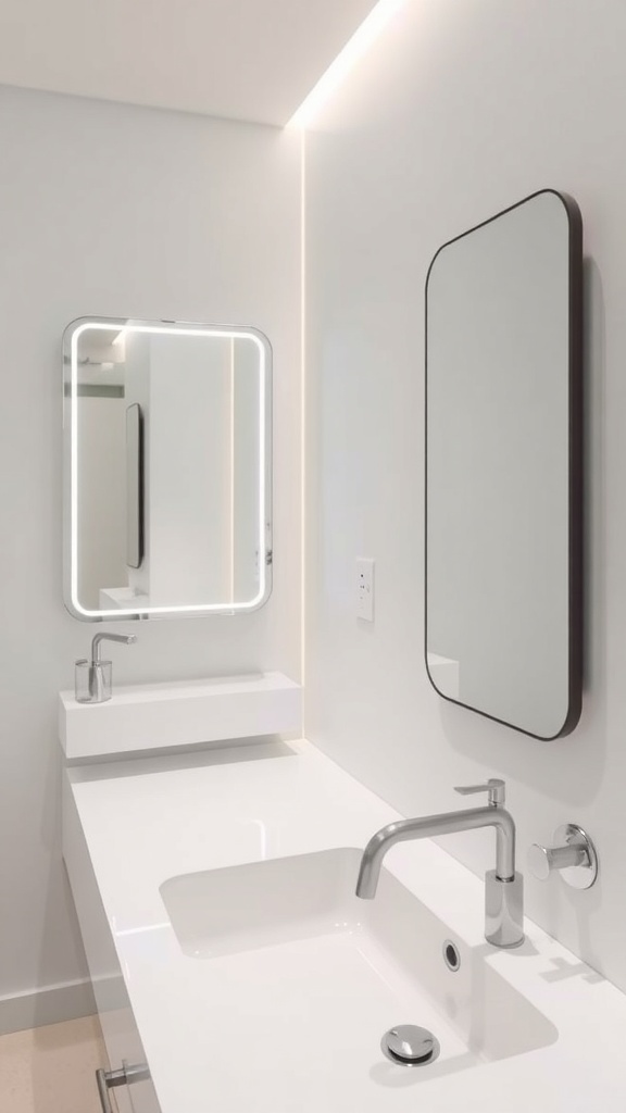 A minimalist bathroom featuring integrated technology with smart mirrors and sleek fixtures.