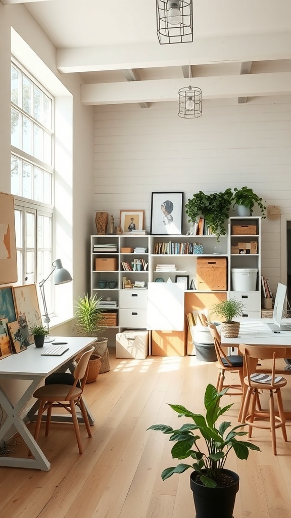 A bright and airy workshop space with large windows, plants, and organized shelves.