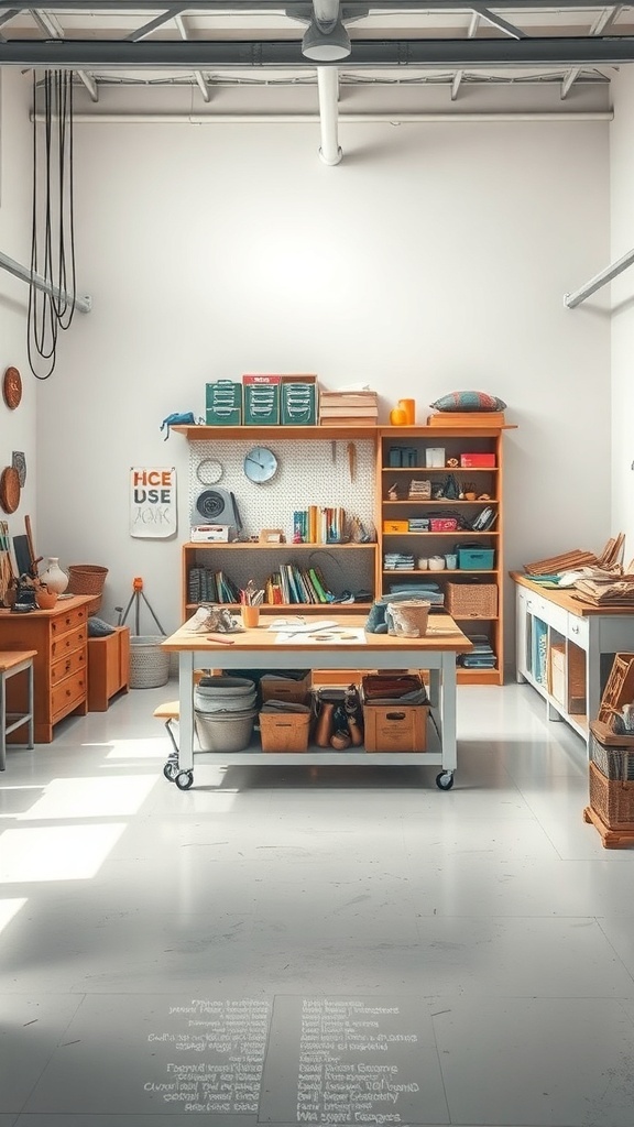 A bright and organized craft room featuring a central craft island with shelves and storage.
