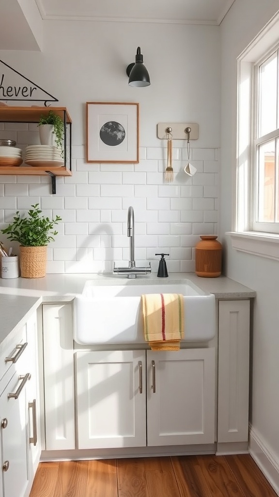 A small kitchen featuring a farmhouse sink with a modern faucet and wooden accents.