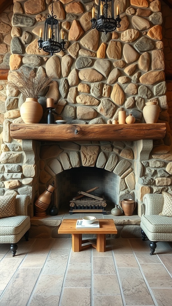 A rustic stone fireplace with a wooden mantel and cozy seating.
