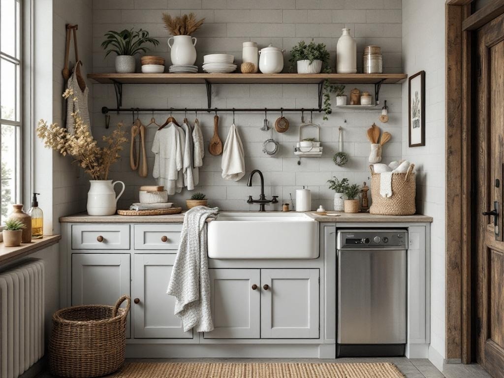 A small laundry room featuring a utility sink, open shelving, and stylish decor.