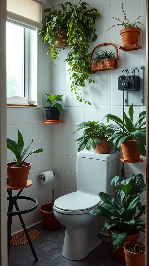 Small bathroom with various potted plants on shelves and around the toilet.