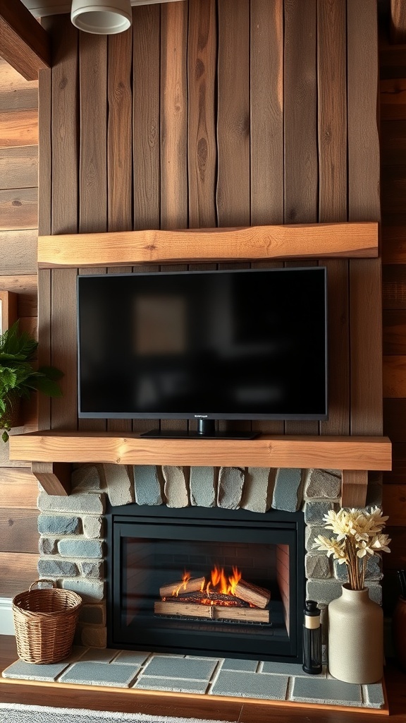 A rustic farmhouse fireplace with a modern TV mounted above it, featuring wooden and stone elements.