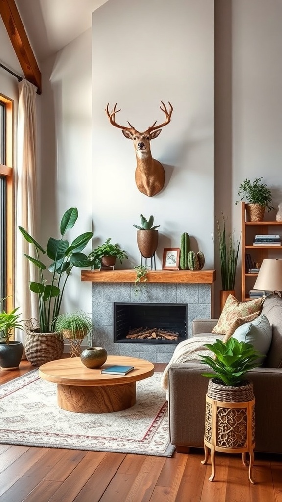 A cozy farmhouse living room featuring a deer mount on the wall, surrounded by plants and natural decor.