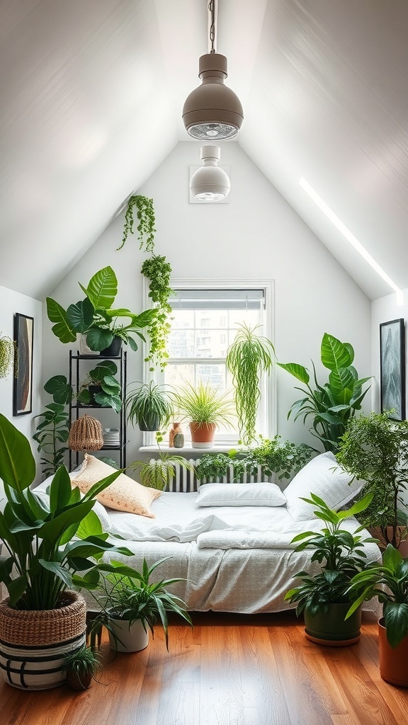 A cozy loft bedroom filled with various indoor plants, showcasing a vibrant and inviting atmosphere.