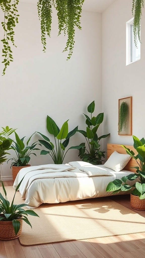 A bright master bedroom filled with various indoor plants, featuring a cozy bed and natural light.