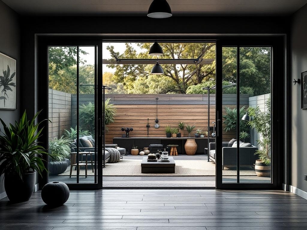 A modern home gym with large glass doors opening to an outdoor space filled with plants and seating.