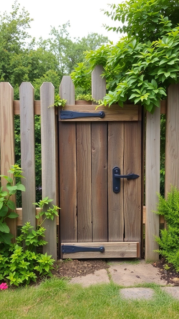 A rustic wooden door framed by greenery and a wooden fence.