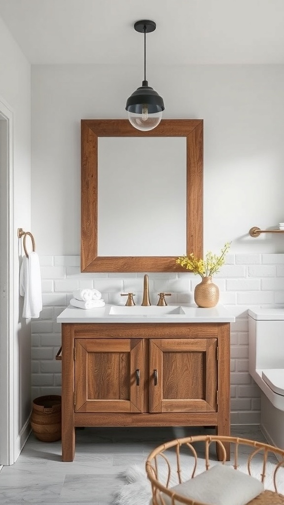 A rustic bathroom vanity made of wood with a white sink and modern fixtures.