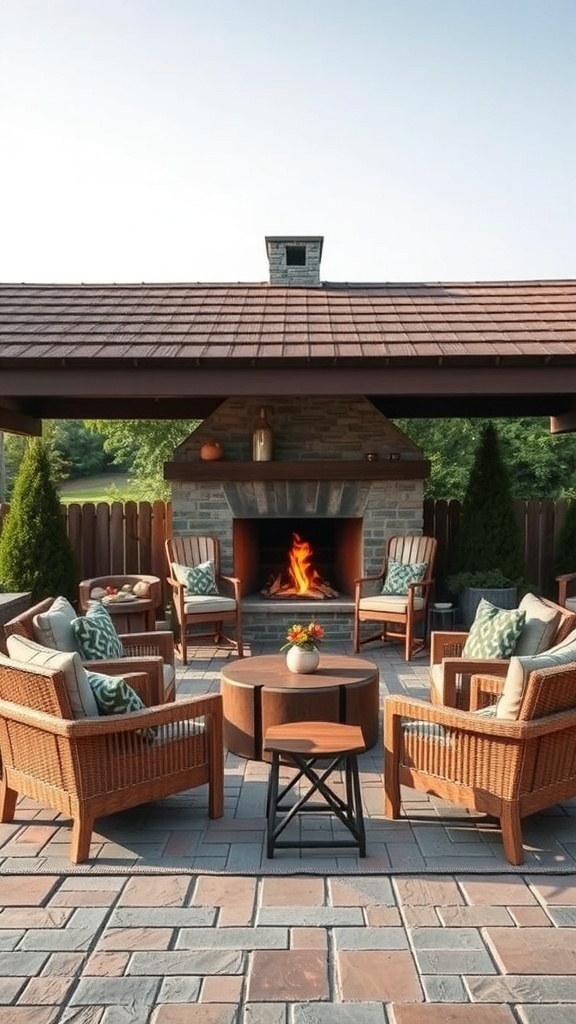 A rustic outdoor fireplace with comfortable seating arranged around it.