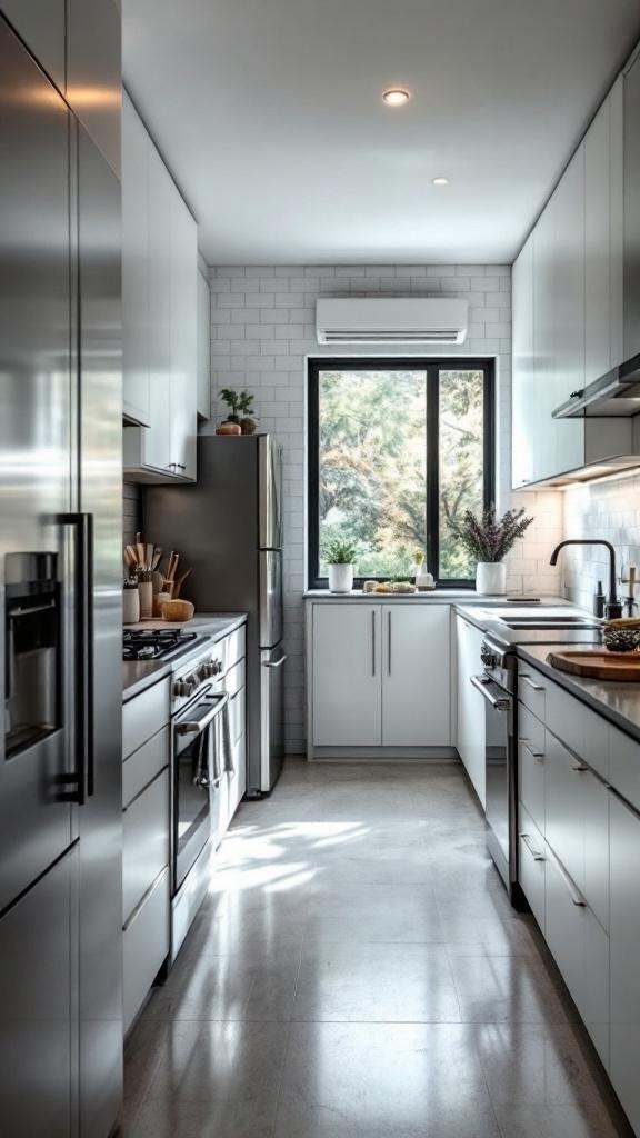 A modern galley kitchen featuring sleek smart appliances, including a refrigerator, oven, and dishwasher, with a bright window view.