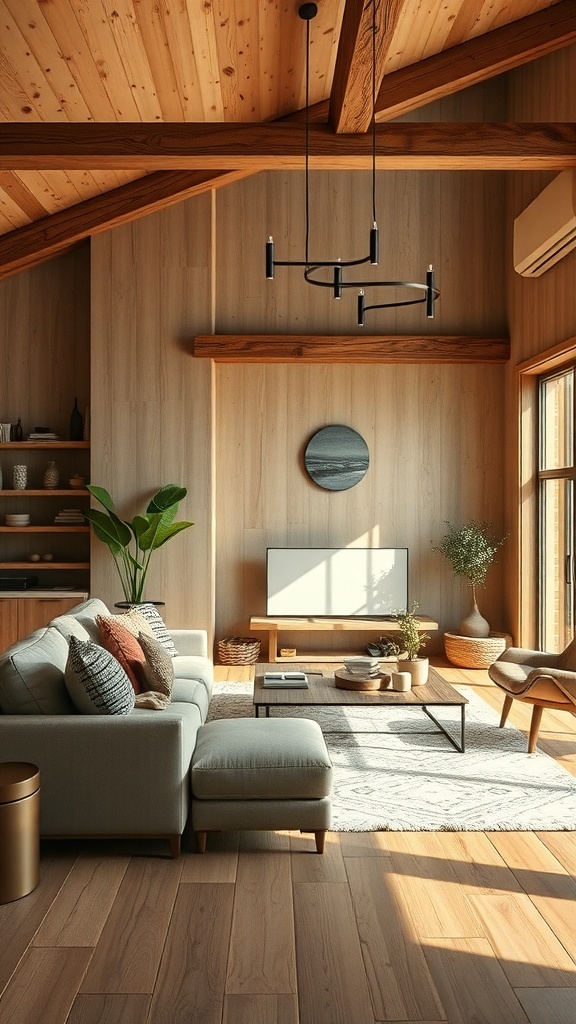 A cozy modern rustic living room with wooden beams, a comfortable couch, and smart home technology.