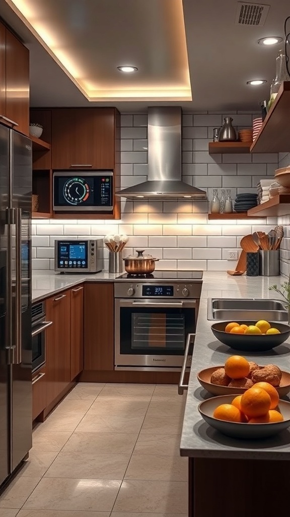 A modern kitchen featuring smart appliances and warm lighting.