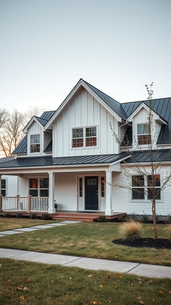 Modern farmhouse exterior with smart technology features.