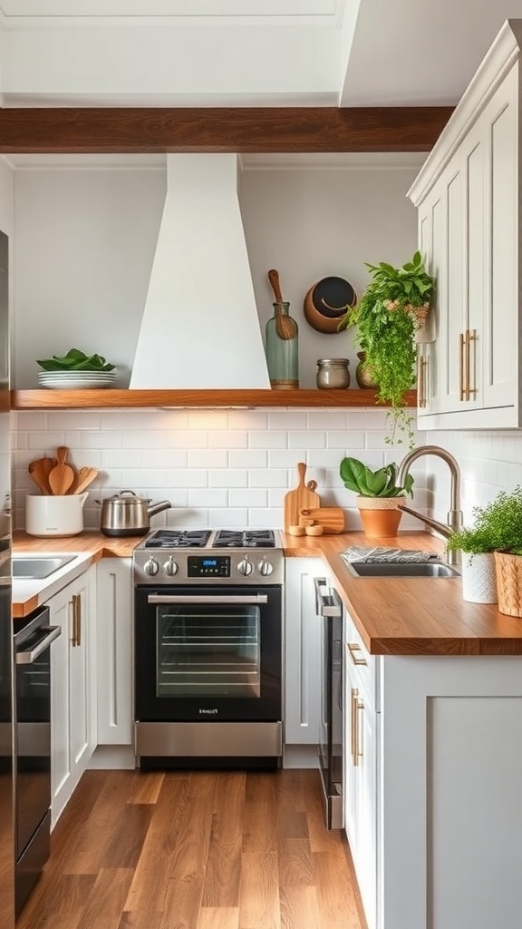 A small farmhouse kitchen with modern appliances and wooden accents.