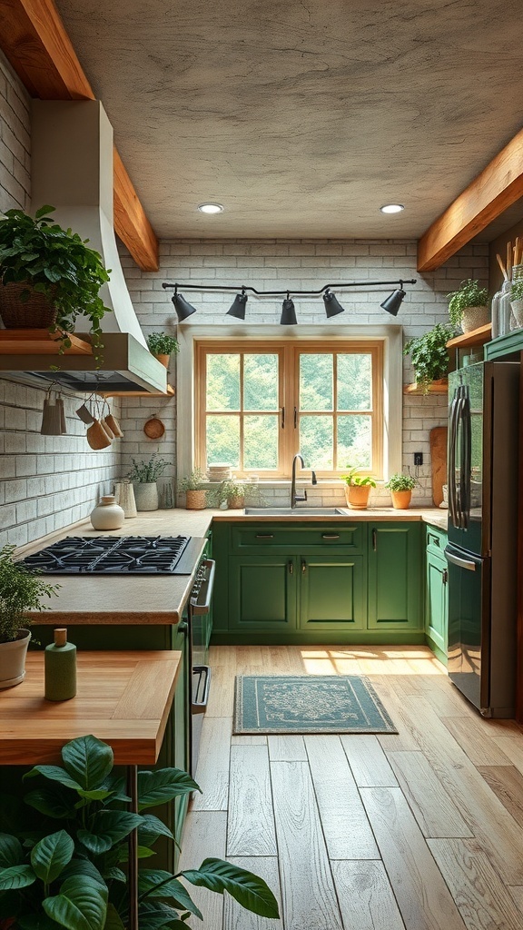 A rustic green kitchen with modern appliances and natural light.