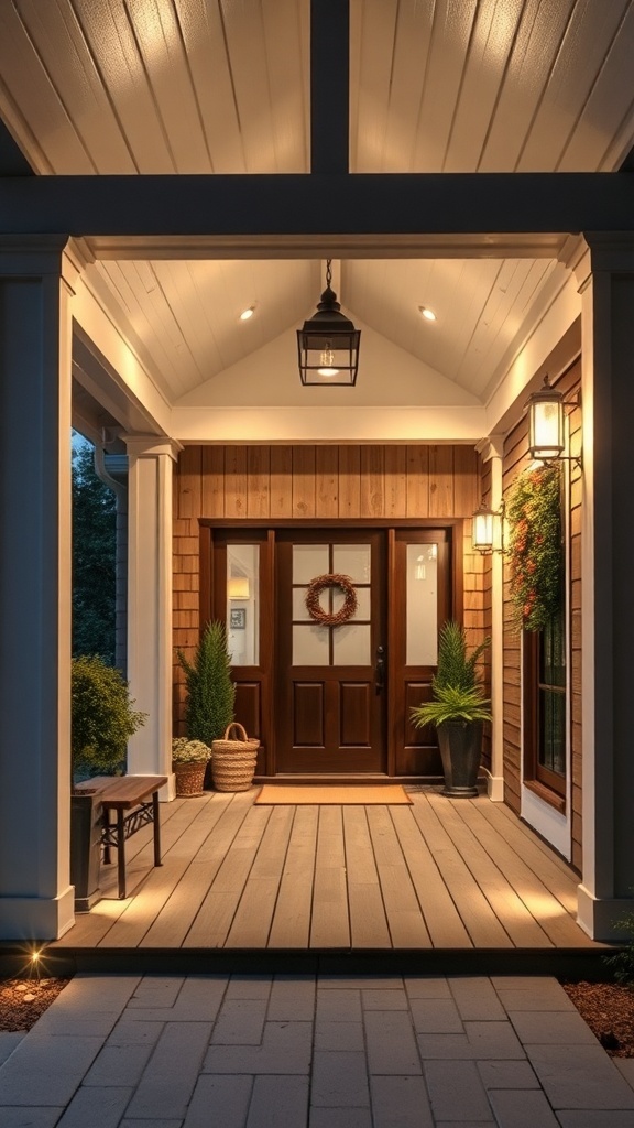 Modern farmhouse porch with rustic design elements and smart lighting.