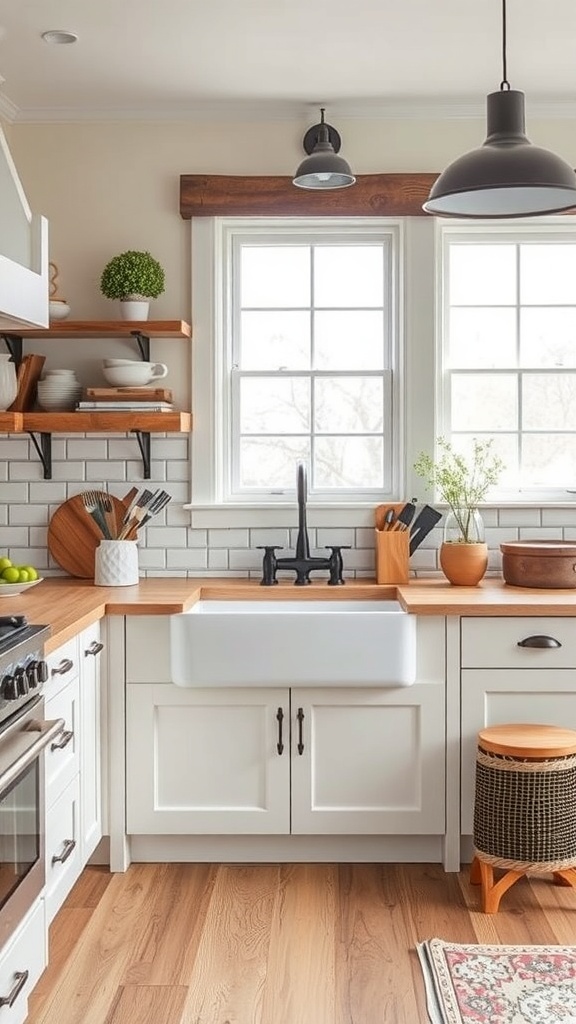 A farmhouse kitchen sink in a stylish kitchen with wooden shelves and modern lighting.