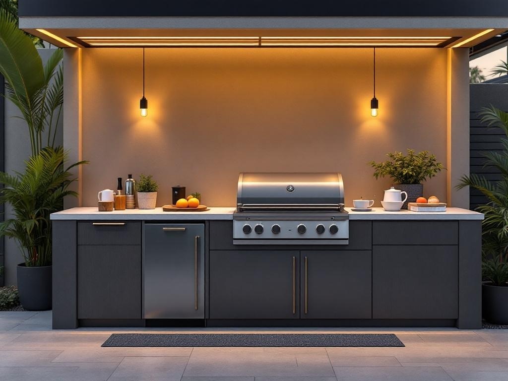 Modern outdoor kitchen with grill, counter space, and stylish lighting