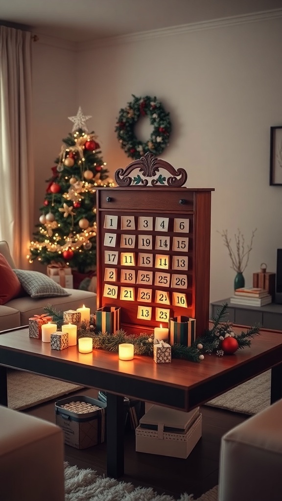 A beautifully decorated coffee table featuring an interactive advent calendar, candles, and festive decor.