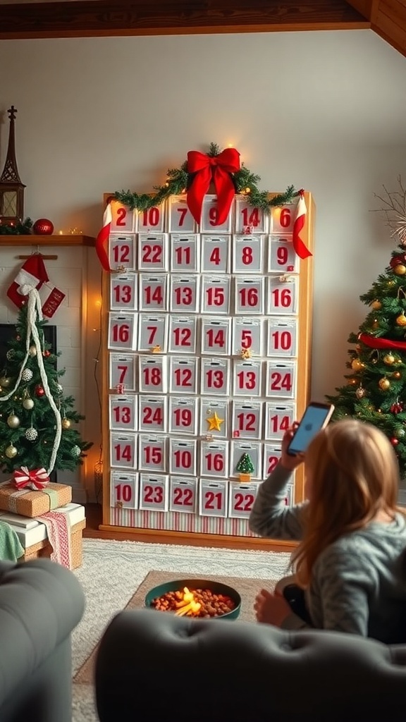 A cozy living room decorated for Christmas with an interactive advent calendar display.