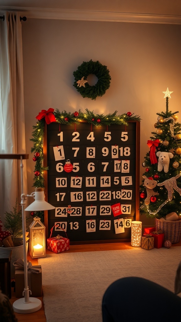 A cozy living room with a large interactive advent calendar display, decorated with festive elements.