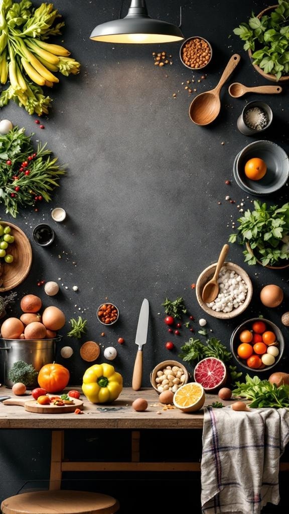 A kitchen table filled with fresh ingredients, utensils, and a warm atmosphere for cooking.