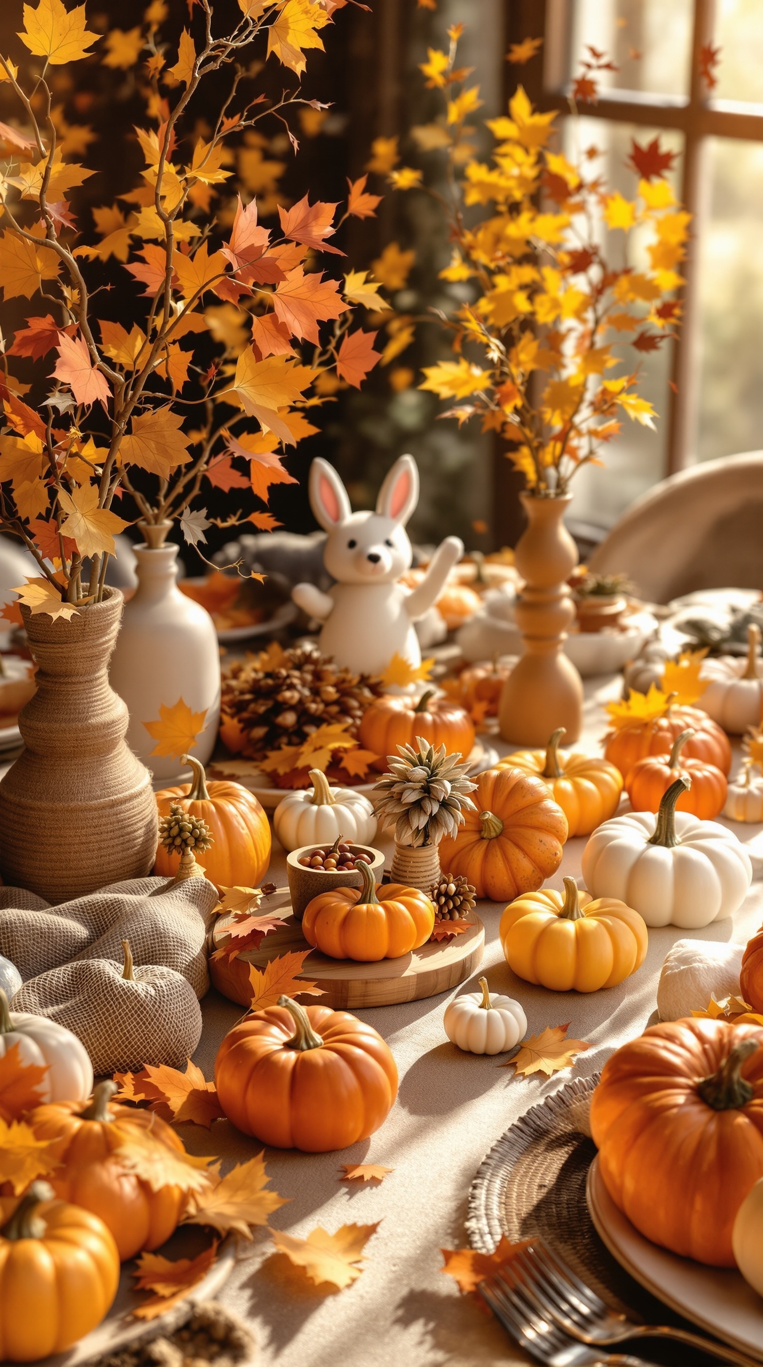 A cozy Thanksgiving decor setup featuring a large sign, pumpkins, and autumn leaves.