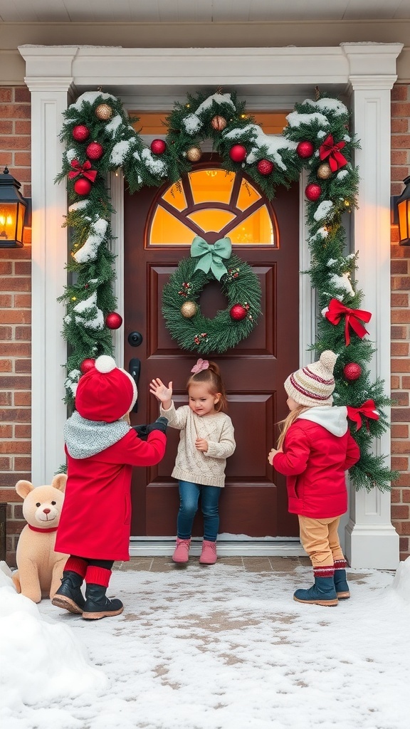Children decorating a front door with Christmas wreaths and ornaments.