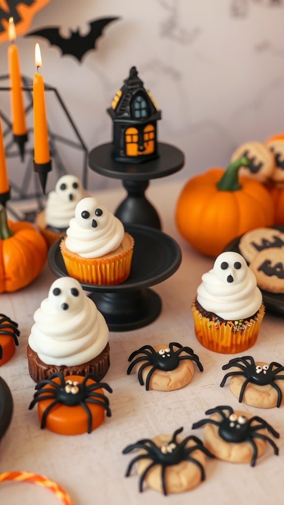 A Halloween-themed dessert display featuring ghost cupcakes, spider cookies, and a pumpkin.