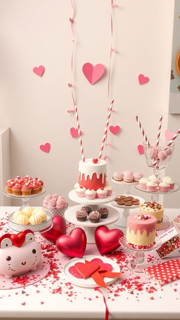 A colorful dessert station featuring cupcakes, heart-shaped candies, and a variety of sweet treats for Valentine's Day.