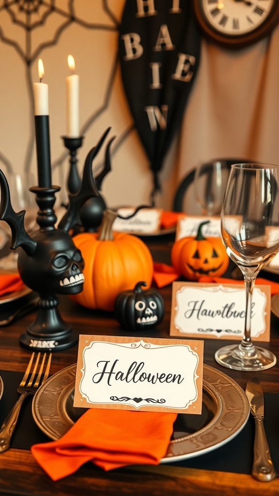 A Halloween-themed table setting with pumpkins, candles, and personalized place cards.