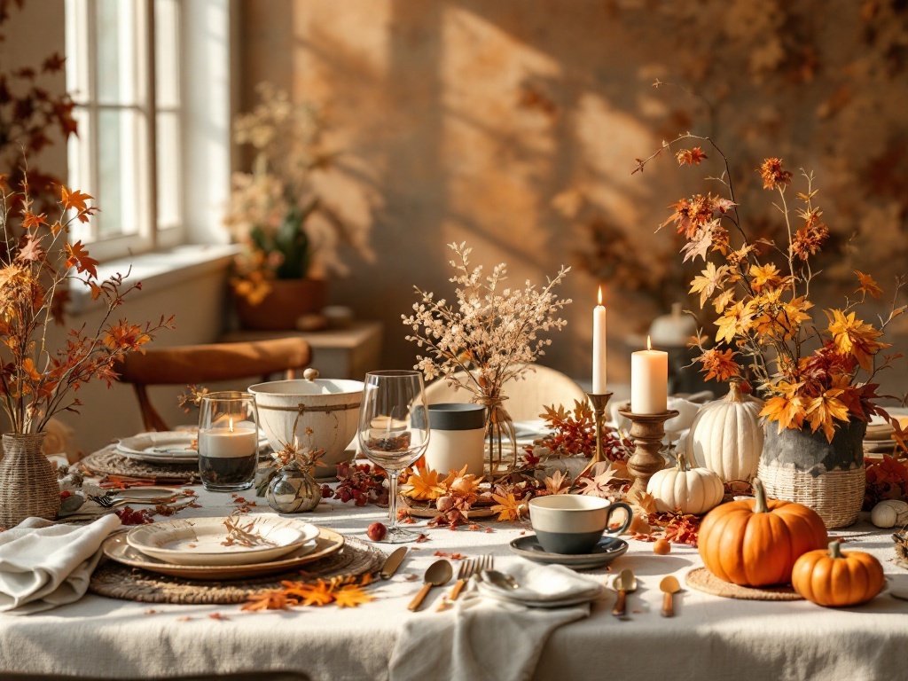 A beautifully decorated Thanksgiving table with autumn leaves, pumpkins, and candles.