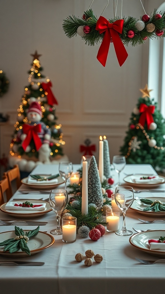 A beautifully set Christmas table with candles, decorative trees, and festive ornaments.