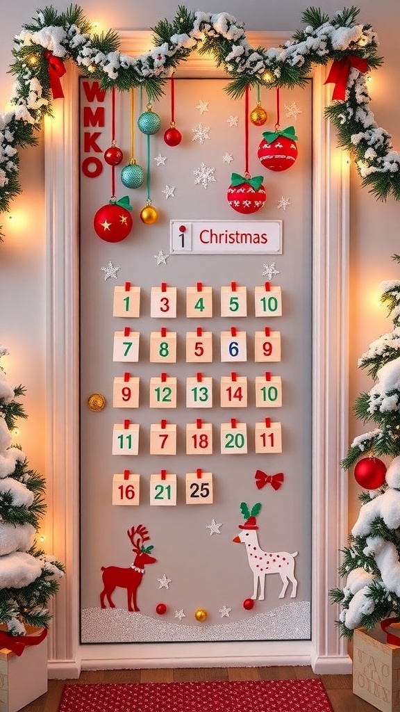 A decorated Christmas door with festive elements like a snowman, gifts, and a small tree.