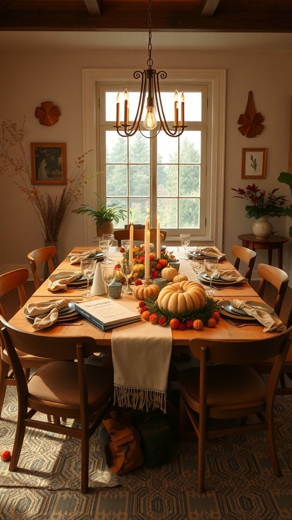 A modern Thanksgiving table setting with pumpkins, candles, and elegant tableware.