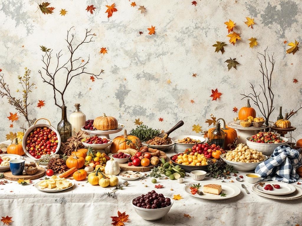 A Thanksgiving table spread with various seasonal foods, pumpkins, and colorful decorations.