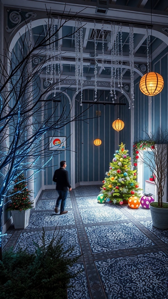 A room decorated for Halloween with interactive elements like glowing pumpkins and spooky figures.