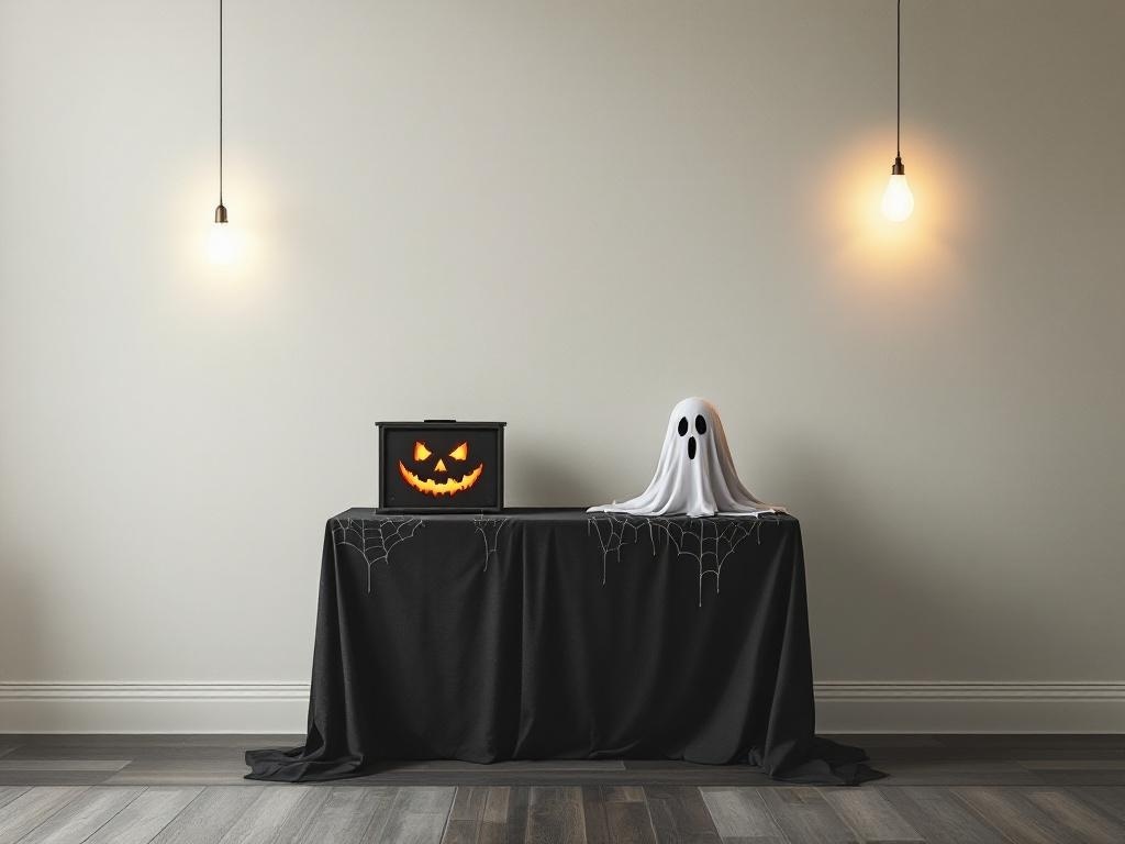 A Halloween entry table with a ghost figure and a jack-o'-lantern box