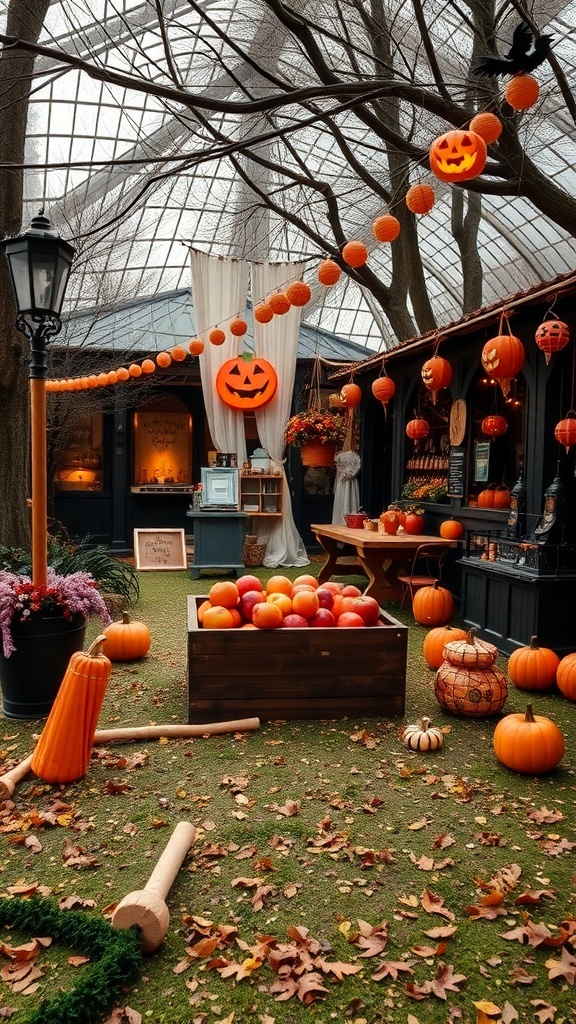 Indoor Halloween decorations with pumpkins and festive lights