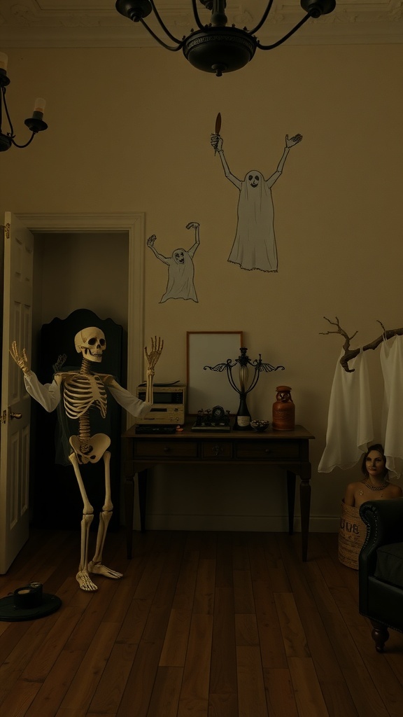 A Halloween-themed room with a skeleton, ghost drawings on the wall, and various spooky props.