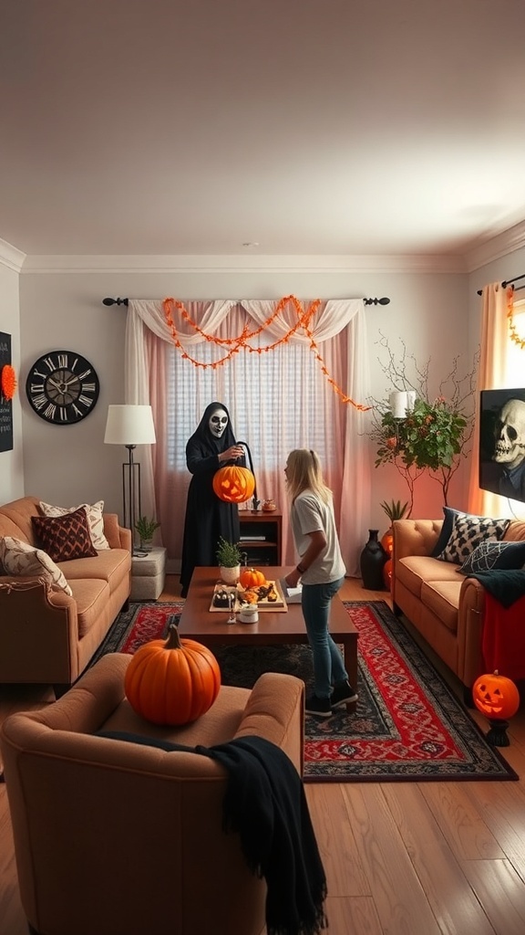A cozy living room decorated for Halloween with a person in a spooky costume holding a pumpkin.