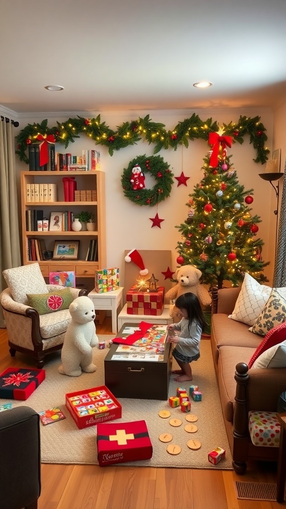 A festive living room with children playing and adults engaging in holiday activities.