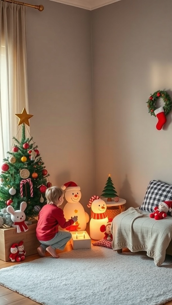 A child interacting with Christmas decorations in a cozy living room.