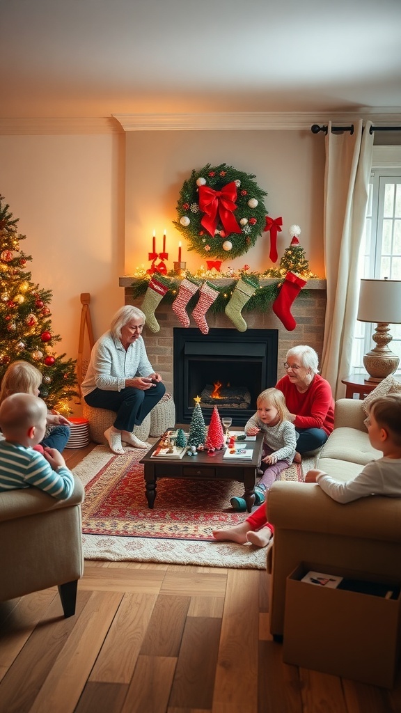 A cozy Christmas living room with family playing games together.