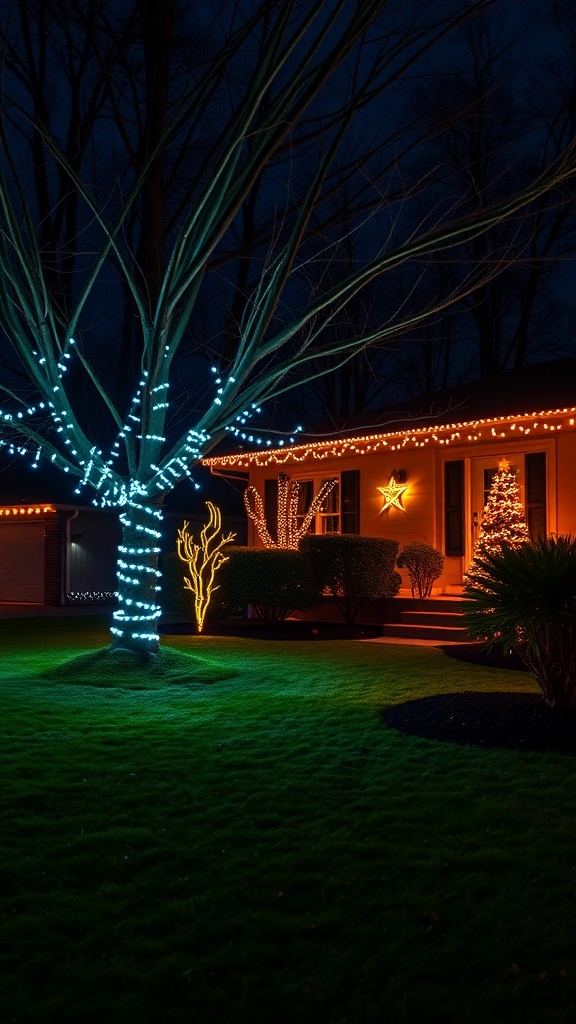 Outdoor Christmas decorations with colorful lights on trees and house