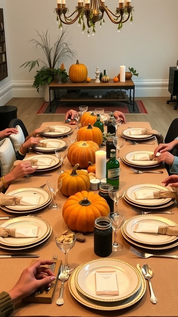 A beautifully set Thanksgiving dinner table with pumpkins, oranges, and a festive centerpiece.