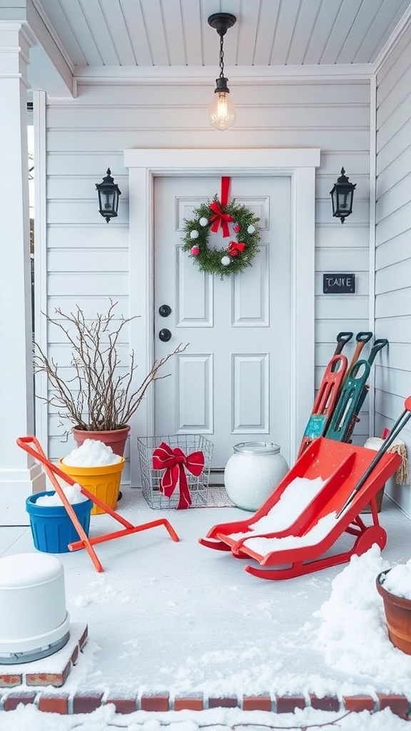 A winter front porch decorated with snow shovels, colorful buckets, and a wreath.
