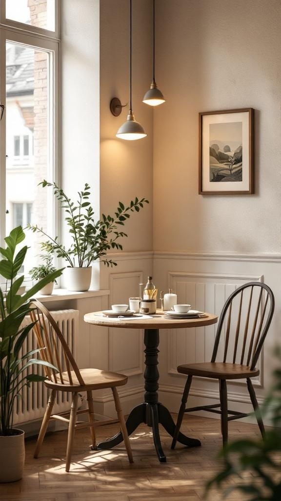 A cozy breakfast nook with a round wooden table, two chairs, plants, and soft lighting.